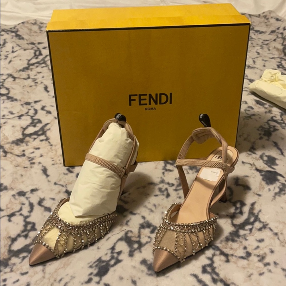 Fendi rhinestone nude mesh heels
